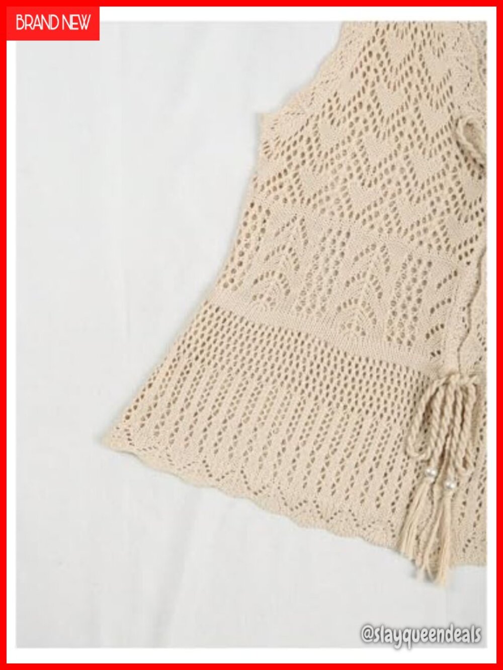 Women's Tie Front Crochet Sweater Vest Hollow Out V Neck Sleeveless Cardigan - Picture 3 of 5